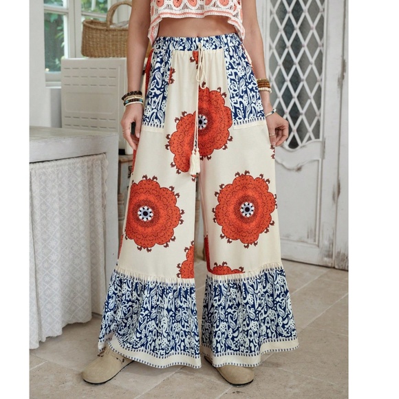 Boho Floral Print Stretchy Waist Pockets Wide Leg Pants - Picture 4 of 5